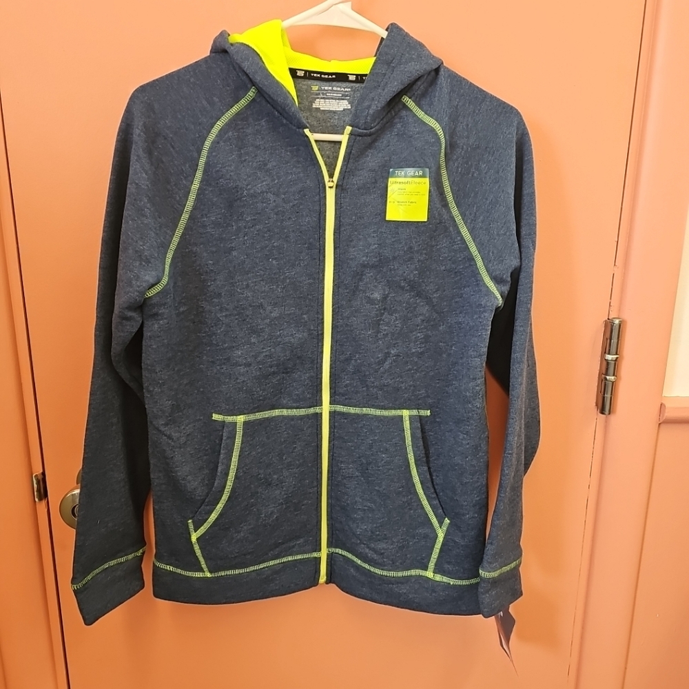 NWT Tek Gear Boys Size Large Active Jacket Full-Zip Hoodie Blue Yellow Soft